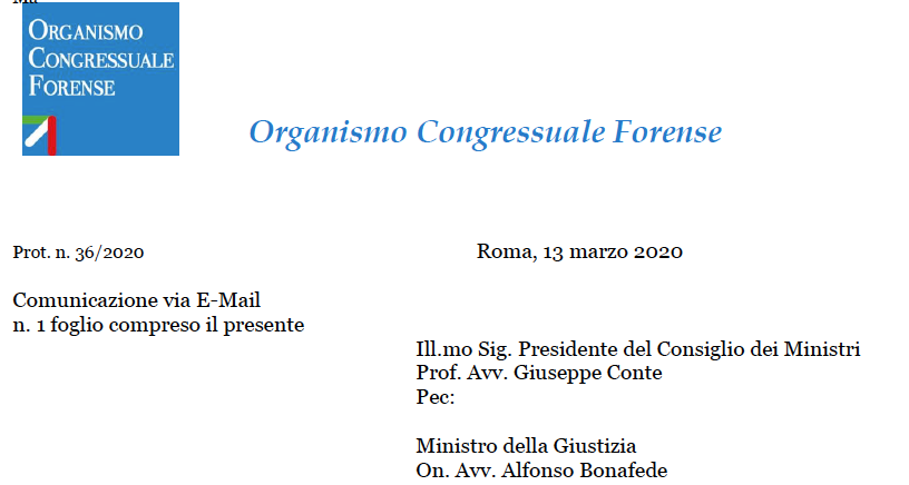 OCF - RICHIESTA URGENTE DI EMISSIONE DI NORME DI COORDINAMENTO DEL D.L. N. 11/2020 CON IL D.P.C.M. 9.03.2020